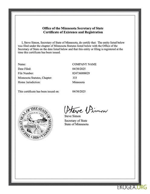 Certificat d'existence et d'enregistrement du Minnesota aux États Unis, modèle Word et PDF